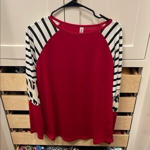 Red Striped and Leopard Print Long Sleeve Top
